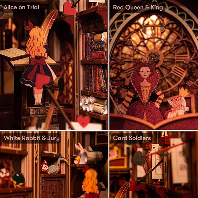 DIY Book Nook Kit for Adults, 3D Wooden Puzzle Bookend Bookshelf Insert Decor with LED Light and Dust Cover (Alice in Wonderland)