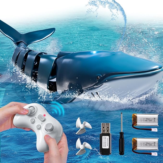 Remote Control Whale Shark Toys for Boys Kids, 1:18 Scale High Simulation Shark for Pool, 2.4Ghz Electric RC Shark Boat Fish Toys with Light & Spray, Toy Shark Gifts for 6 7 8 9 Year olds Kid Boy Girl
