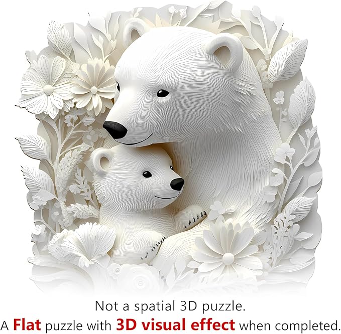 KAAYEE Wooden Puzzles for Adults, 3D Vision Effect Polar Bear Family Wooden Jigsaw Puzzle Unique Shape Wood Puzzle Adult, 3D Effect Flat Puzzle Birthday Family Game (M-11.4 * 11.1 in-200pcs)