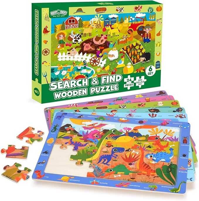 BenBen Large Wooden Puzzles for Kids Ages 4-6, 6 Pack 24 Piece Search and Find Puzzles for Toddlers 3-5, Educational Learning Toys Gifts for 3 4 5 Year Old Boys Girls