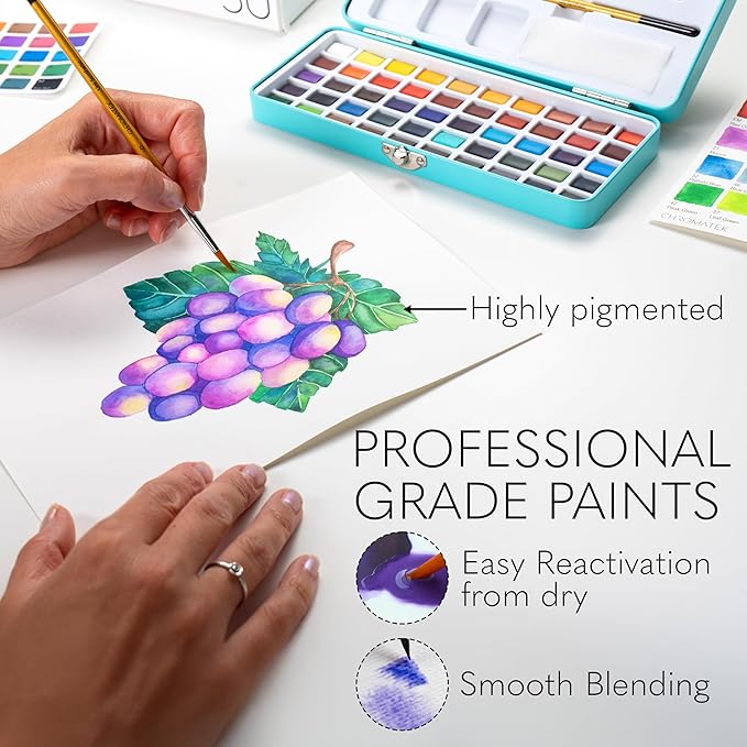 CHROMATEK Watercolor Paint Set β 50 Vivid Colors Including Transparent, Opaque & Pastel β Art Kit with Brush, Water Pen, Palette, Color Chart, Swatch Sheets, Pad & Metal Travel Case