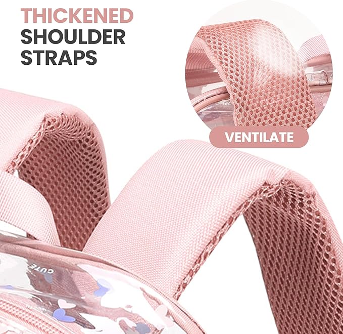 Bulk 17 inch clear backpack for girls age 6-8 kids bookbag cute large high school stadium approved transparent see throu -pink