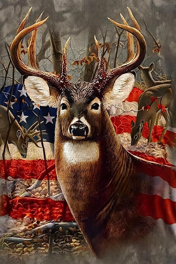 300 Pieces. American Flag Deer Puzzle/Premium Quality Wooden Jigsaw/Stress Reducing Toys/Educational Toys/Parent-Child Games/Puzzles Size: 15.7 x 11 in and 1:1 Original Picture Poster