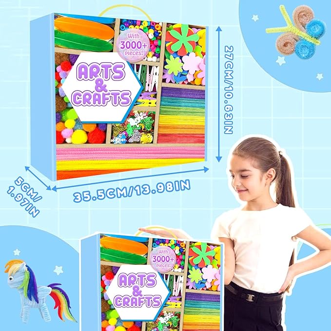 Arts and Crafts Supplies for Kids - 3000Pcs Craft Kit with Pipe Cleaners Crafts for Kids All in Art Crafting Box DIY School Supplies Materials Set Toys Gifts for Girls Boys Age 4 5 6 7 8 9 10 11 & 12