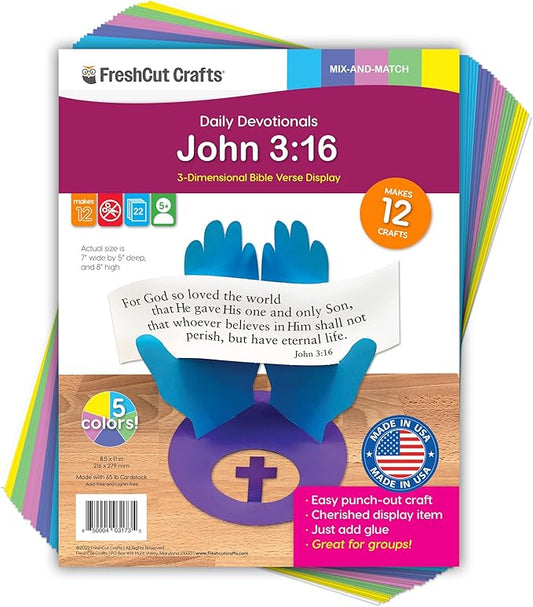 FreshCut Crafts John 3:16 Punch-Out 3-D Paper Kit, 12 Colorful Tabletop Displays Bible Craft for Kids Ages 5 & Up, Perfect for Sunday School, Church Activities, Homeschooling, Classroom Decor