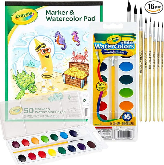 Watercolor Paint Set for Kids 16 Vivid Watercolor Paint Mixing Palette, Paper Pad and 8 Brushes, Water Color Painting Kids and Adult Beginner Supplies