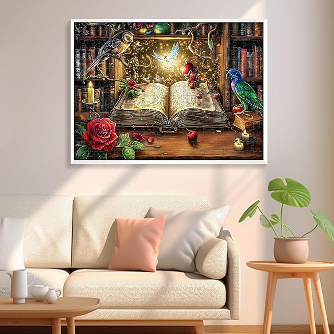 300 Pieces Puzzle for Adults, Magic Book Puzzle Recycled Cardboard, Bird and Rose Jigsaw Puzzles 300 Pieces, Challenging Game Home Decor Birthday Party Gift Toy for Adults Kids Seniors 20.5 * 15 inch