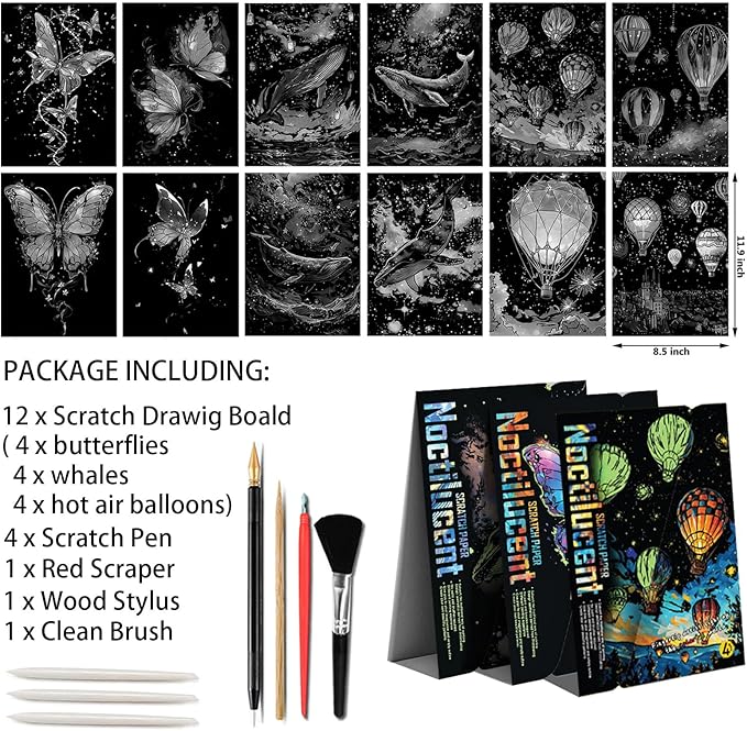 Glow in The Dark Scratch Art Paper,Engraved Landscape Scratch Painting Rainbow Board (12 Sheets A4) Adults, Fun Sketch Card Creative Craft Toy (Animals/Landscapes) by Iskueal.