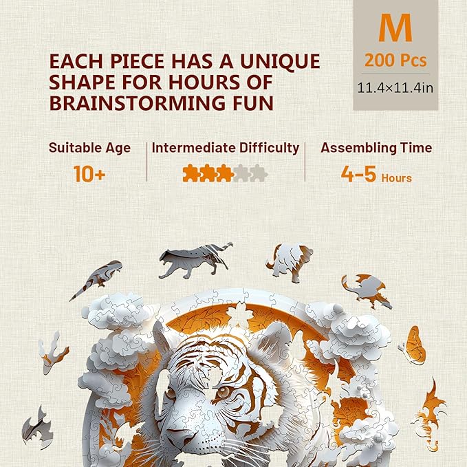 Wooden Puzzles for Adults, 3D Visual Effect Paper Tiger Puzzle, Wood Puzzles Adult, Unique Animal Shape, Paper Sculpture Modern Art Puzzle, Gifts for Friend, Canvas Wall Art (M-11.4 * 11.4in-200 pcs)