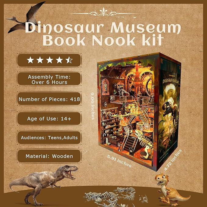 DIY Wooden Puzzle with Night Light, Miniature House Kits, Stunning Bookshelf Insert Decor, Ideal Gift for Holidays, Birthdays, and Home Library Decoration(Dinosaur Museum)