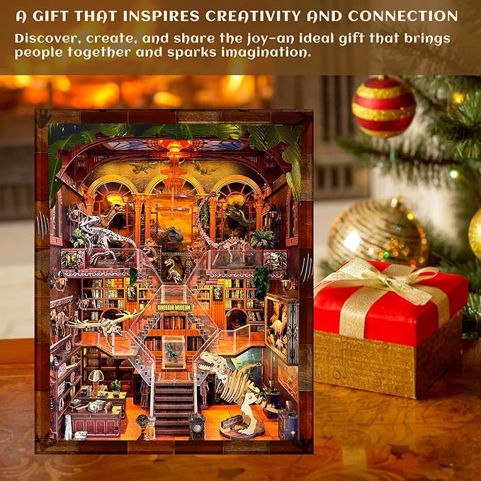 DIY Wooden Puzzle with Night Light, Miniature House Kits, Stunning Bookshelf Insert Decor, Ideal Gift for Holidays, Birthdays, and Home Library Decoration(Dinosaur Museum)