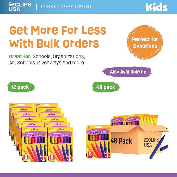 E-CLIPS USA Jumbo Markers For Kids, Colored Markers For School, Washable markers Bulk Classroom, Broad Tip, 8 Per Box (48 Pack)