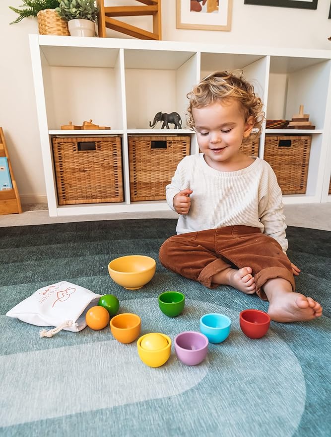 Montessori Large Rainbow Colored Sorting Ball in Cup | Preschool Color Matching Toy | Gross Motor Transfer Activity | 6 Toddler Safe Wooden Balls 46mm in Diameter - Non-Choking-Hazard