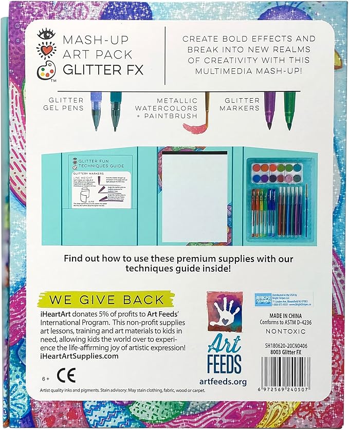 Bright Stripes iHeartArt Travel Art Set for Kids Ages 8+ | Drawing & Painting Kit with Metallic Watercolors, Glitter Gel Pens, Markers, Brush & 20-Page Art Pad | Creative Gift for Young Artists