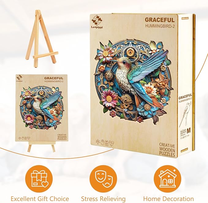 Wooden Puzzles for Adults, Wooden Jigsaw Puzzles for Adults Kids, Graceful Hummingbird-2 Unique Shaped Wood Puzzles Adult, Creative Birthday Gifts for Friends Family Game (8.5 * 8.2in 100pcs)