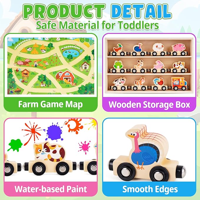 Montessori Wooden Train Toy for 1 2 3 Years Old Toddlers | 12 Magnetic Animals Train Kids Box, STEM Educational Toy with Game Map | 1st 2nd Birthday for Boys Girls