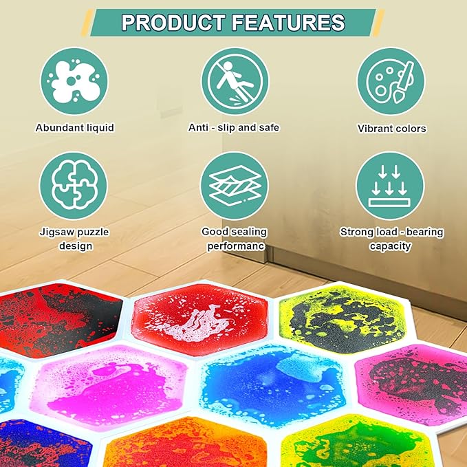 Liquid Sensory Floor Tiles - 4 PCS Hexagon Sensory Floor Pads for Kids Aged Over Three Years Old
