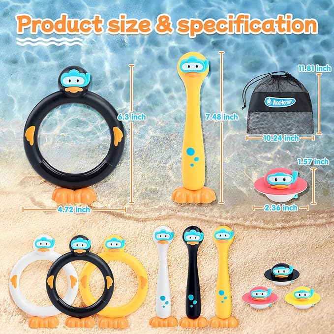Pool Diving Toys for Kids, 9 PCS Swimming Pool Diving Rings, Summer Duck Dive Sticks with Duck Float Toys for Kids 4-8 8-12, Fun Outdoor Underwater Pool Games for Teens