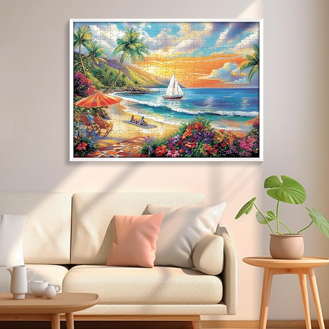 300 Pieces Puzzles for Adults, Summer Beach Jigsaw Puzzles 300 Pieces Puzzles for Adults Kids, Colorful Sunset Boat Jigsaw Puzzles, Birthday and Holiday Challenging Gift Toy 20.5x15 in