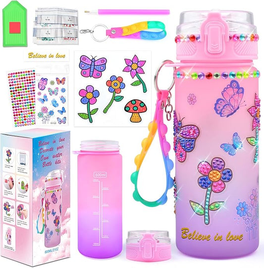 ASIOWELY Decorate Your Own Water Bottle Kits for Girls Age 4-12, Butterfly Flower Diamond Painting Art and Crafts Gift for Boys Age 4-6-8-10, Fun Gifts Toys for School Birthday Christmas