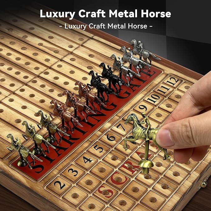 Large 23 inches Horse Racing Board Game with 11 Luxury Metal Horses, Foldable Wood Horse Race Board Game with 2 Sets of Dice, 2 Boxes of Cards for Parties and Gambling