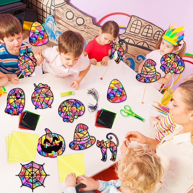 EggSun 36 Sets Halloween Suncatchers Craft Kit Ornaments Stained Glass Window Arts and Crafts Kit for Classroom Holiday Projects Home Halloween Party Favors Decorations Ages 4 8 12