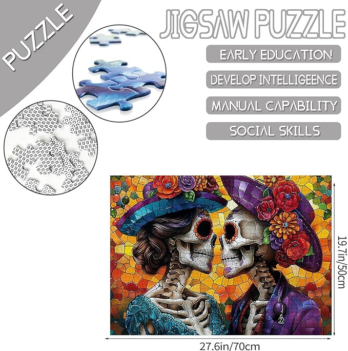 Tucocoo Day of The Dead Skull Jigsaw Puzzles for Adults 1000 Pieces, Romantic Bride and Groom Stained Glass Style Art DIY Puzzles for Home Decoration Gifts, Family Puzzle Perfect for Game Nights