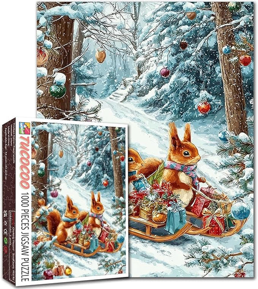 Christmas Day 1000 Piece Jigsaw Puzzles for Adults Squirrel Delivery Gift Scene Painting Jigsaw Puzzle 1000 Winter Wonderland Puzzles 20''x27”inch DIY Craft Puzzle Art Wall Decor Family Challenging