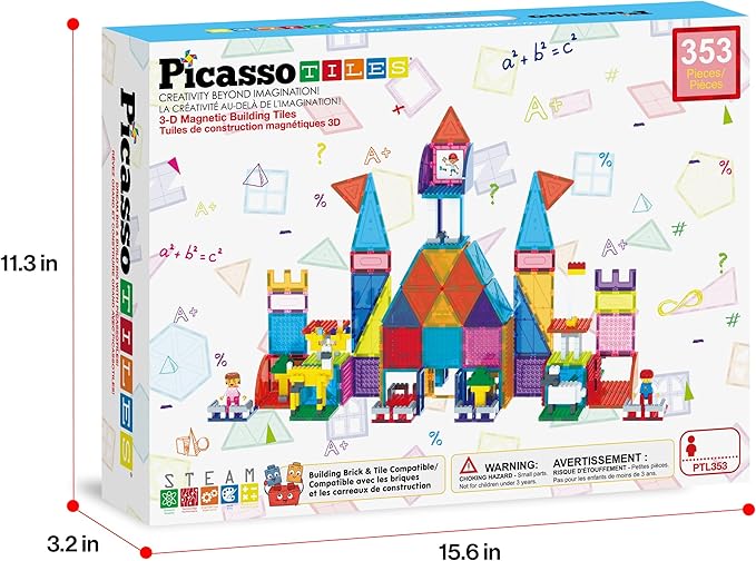 PicassoTiles 353pc Magnetic Brick and Magnet Tile Combo Set with Action Figures STEM Building Block Educational Construction Kit Preschool Classroom Toy Learning Activities for Kids Age 3 Plus PTL353
