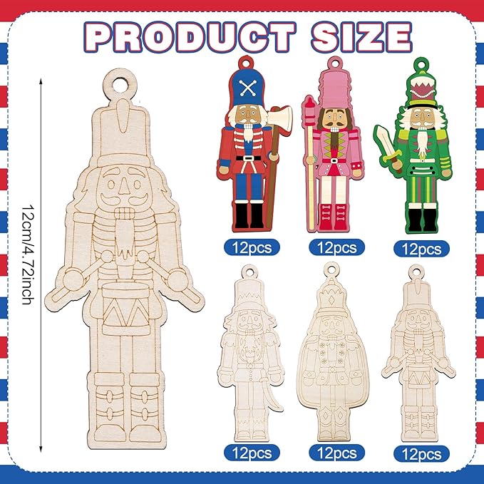 60 Pcs Wood Christmas Crafts for Kids DIY Paint Xmas Ornaments Blank Unfinished Wooden Cutouts Shapes Slices Hanging Embellishment for Christmas Tree Holiday Party Decor(Nutcracker)