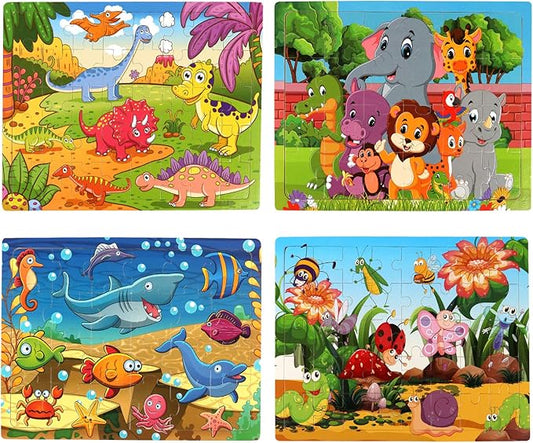 SYNARRY Wooden Jigsaw Puzzles for Kids Age 3-5 Year Old, 4 Pack 24-40 Pieces Preschool Educational Learning Toys Gift Set for Children Boys and Girls, Sea Life, Insects, Animals, Dinosaurs Themes