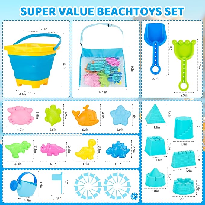 Collapsible Beach Toys Set for Kids Boys Castle Sand Toys Set with Sand Bucket & Shovels Set & Sand Molds and Mesh Bag, Travel Sandbox Toys for Toddlers Age 3-10.