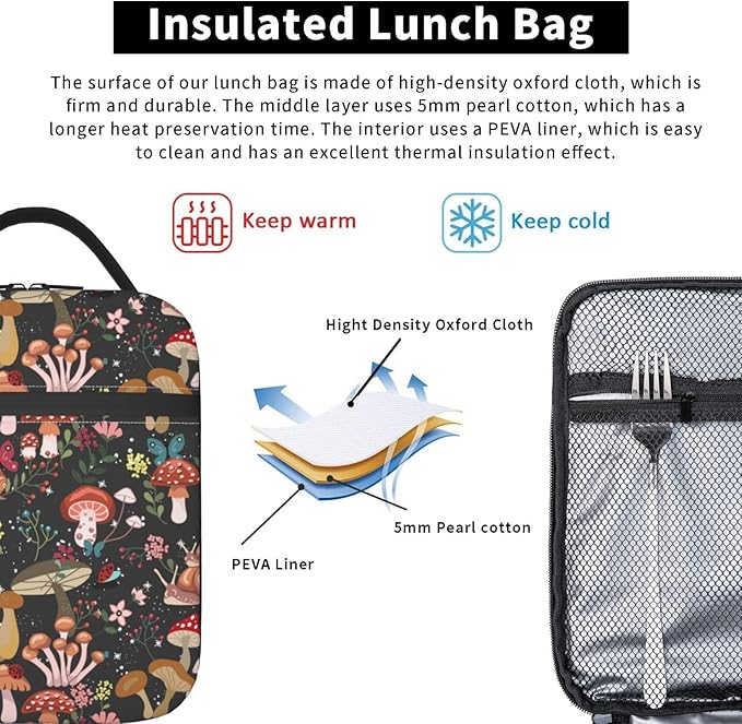 Mushrooms Snails Butterflies Reusable Lunch Box Food Bag Insulated Lunch Bag for Teenage Boys Girls School Beach