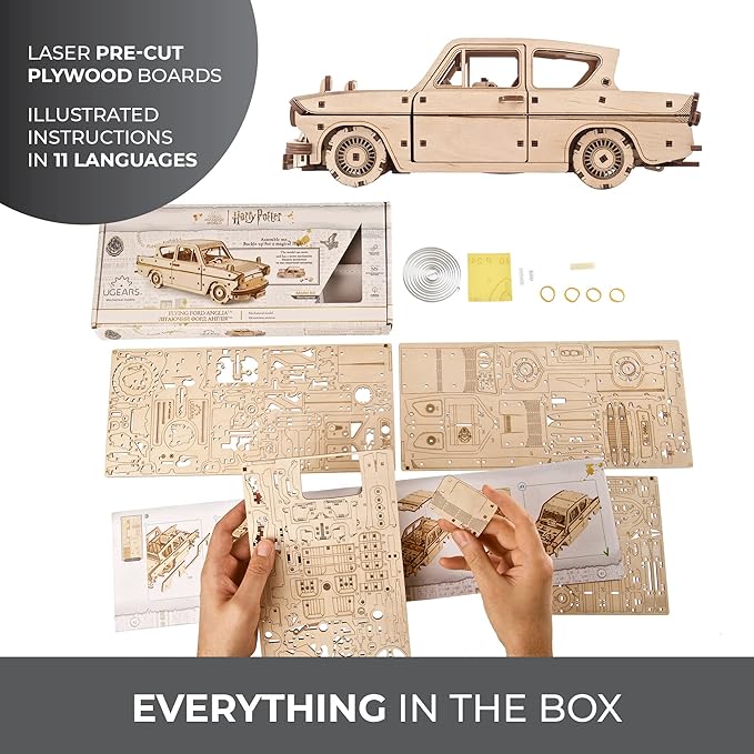 UGEARS Wooden 3D Puzzles for Adults - Flying Ford Anglia Harry Potter Puzzle 3D – Harry Potter Flying Car Building Kits for Adults DIY Model Kit with Spring Drive 244 Pcs