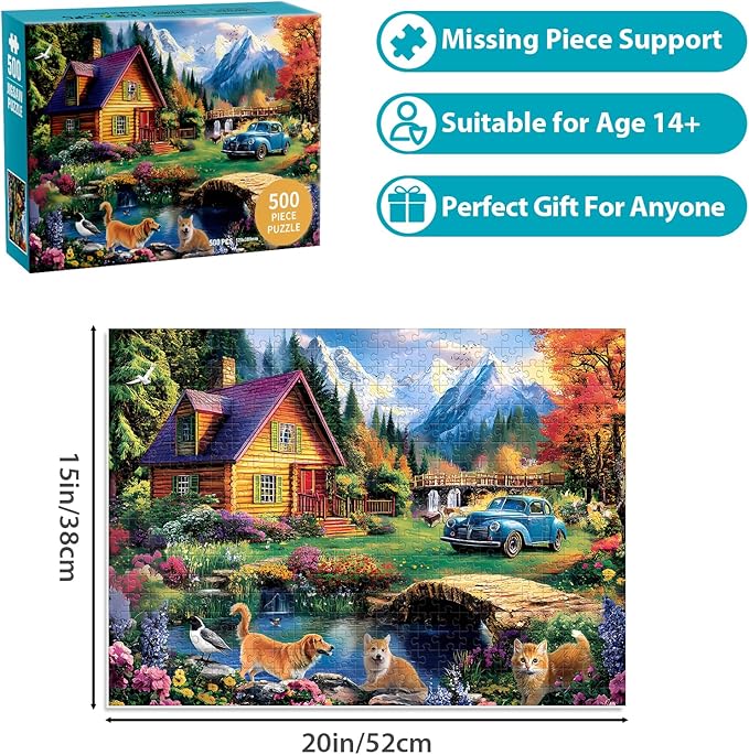 500 Piece Puzzles for Adults,Beautiful Country Cottage Jigsaw Puzzle for Adults Kids Seniors,Recycled Cardboard Dogs Cat Puzzle 500 Piece,Family Activity Great Gift for Family Friends 20.5 * 15 inch