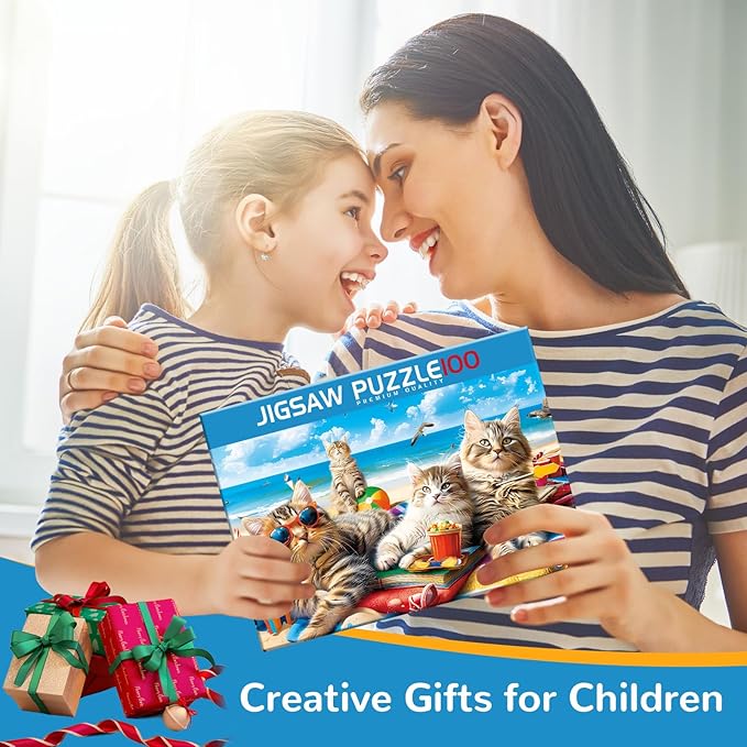 100 Piece Puzzles for Kids Ages 4-8, Beach Cat Puzzles Kids Puzzles Ages 4-6 6-8 8-10 Jigsaw Puzzles Floor Puzzles Children Educational Puzzle Toys Birthday Gift for Boys and Girls