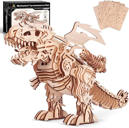 MIEBELY 3D Wooden Puzzles for Adults - T-Rex Dinosaur Model Kits can Walk and Roar, Mechanical Dinosaur STEM Toys for Boys Kids Ages 8-10-12-14, 3-D Puzzles Building Kit Gifts for Teen Men Women