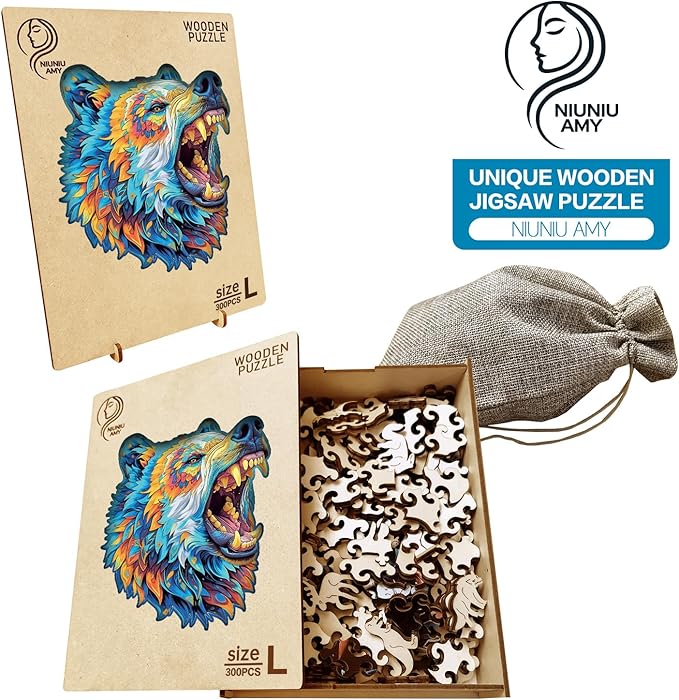 Wooden Puzzles for Adults,Bear Design Jigsaw Puzzles 300 Piece,Thanksgiving Birthday Gifts Family Game,Unique Shape Puzzle Challenge 14.9 x 14.9 Inch