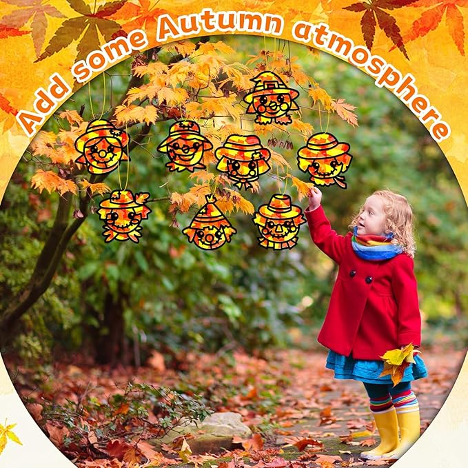 QOUBAI 32 Sets Fall Scarecrow Suncatchers Craft Kit DIY Window Stained Glass Effect Autumn Scarecrow Paper Crafts Home School Classroom Decoration Kid Birthday Gift Creative Art Project Activity Game