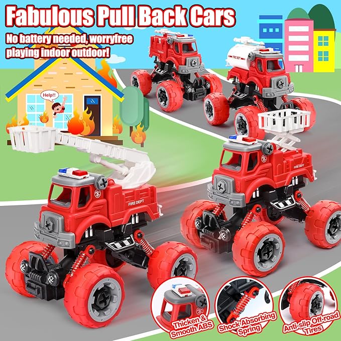 LUDILO 4PCS Fire Truck Toys for 3 4 5 Year Old Boy Birthday Gifts DIY Assembly Take Apart Firetruck with Electric Drill Stem Building Toys Xmas Bday Gifts 3 4 5 6 Year Old Boys Girls Kids Toddler Toys