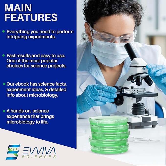 Evviva Sciences Nutrient Agar Petri Dishes Science Project Kit, Pre-Poured Agar Plates for Science Experiments, with Experiment eBook (Green)