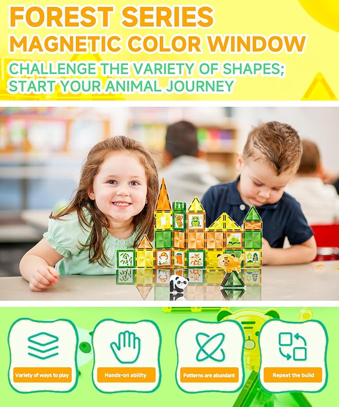 Magnetic Tiles - 47 Pcs Wildlife Building Blocks Set - Sensory Travel Toys for Toddler - STEM Construction Playboards Stacking Toy - DIY Window Art - Birthday Gifts for Boy, Girl