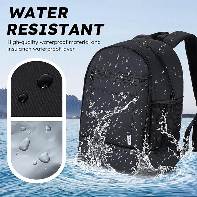 NOL Natural Organic Lifestyle Kids 2-in-1 Backpack & Insulated Lunch Bag-16 Multi-Functional Large Compartments Backpack for School & Travel, Double Deck, Water Resistant, Leak-proof, Padded (Black)