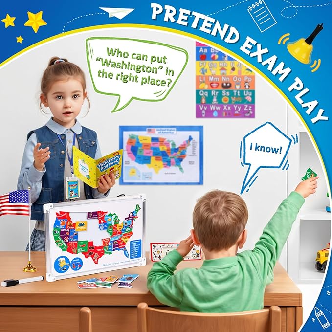 Pretend Play Teacher Set, Kids Pretend Teacher Playset with Whiteboard Learning Clock Magnetic Numbers and Map Puzzles, Pretend Play Teaching Toys Learning Education Toys for Kids