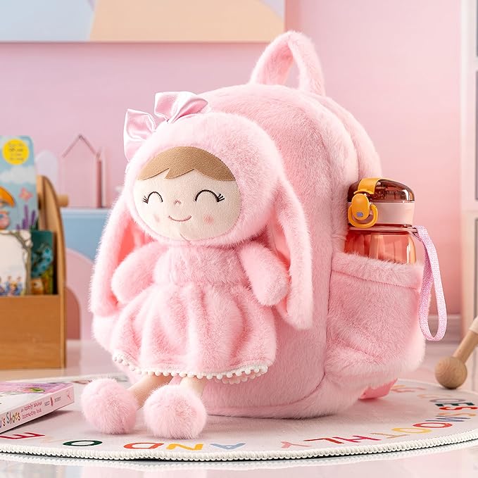 Gloveleya Toddler Backpack Plush Bag with Soft Pink Rabbit Doll Detachable Design 11-inch Gift for Baby Girl 2+...
