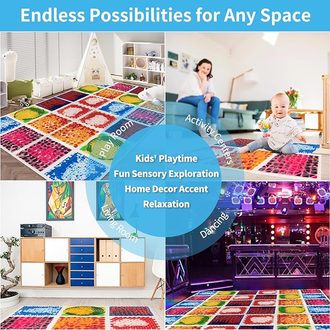 Art3d 12"x12" Textured Liquid Sensory Flooring Tiles, Interactive Glossy Fusion Play Mats for Kids, Toddler, Teens, Stress Relief & Calming Toys, 4pcs per Set