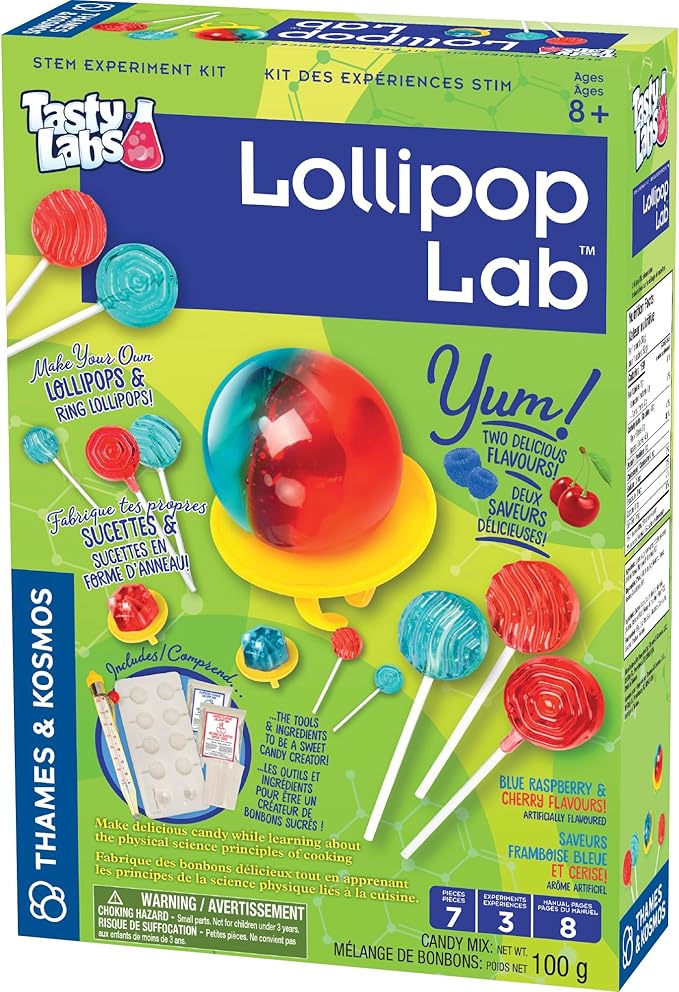 Thames & Kosmos Lollipop Lab STEM Experiment Kit | Make Yummy Red Cherry & Blue Raspberry Lollipops & Ring Lollipops | Explore Chemistry & Math | Includes Real Candy Thermometer, 2-Language Ver, EN/FR
