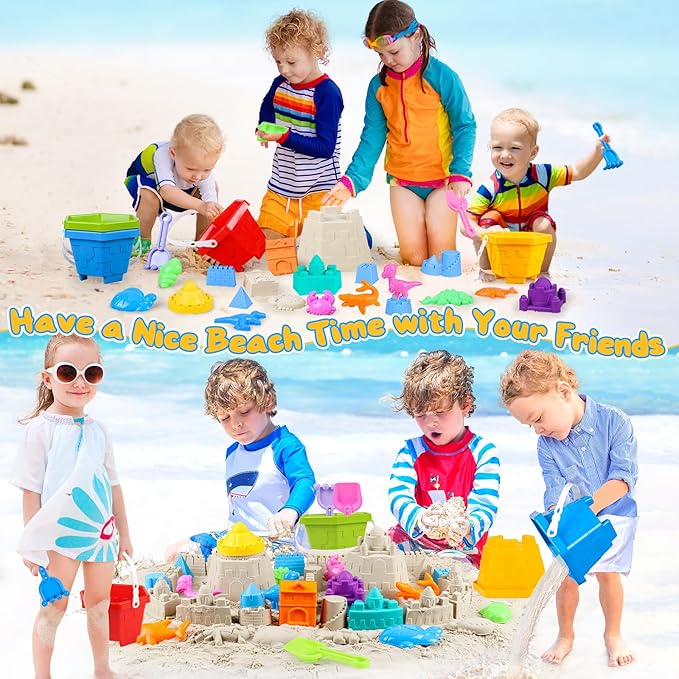 Beach Sand Toys, Sandbox Toys for Kids Family Sharing Set, Sand Castle Kit with 4 Beach Buckets and 4 Shovel Tools & Sand Molds, Travel Beach Toys for Toddlers Boys Girls Age 4-12