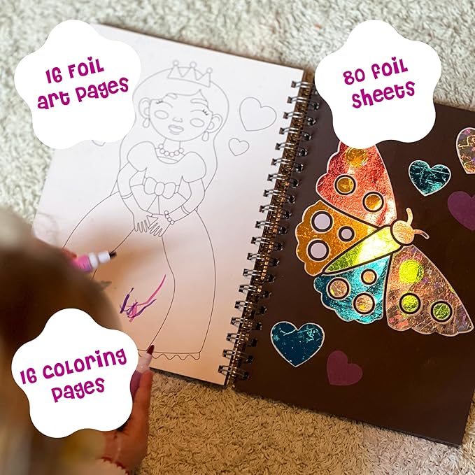 DINO MINI Foil4Fun - Foil Art for Kids - Craft Kits for Kids Ages 4-8 - Includes 16 Foil Art Pages and 16 Coloring Pages - Screen Free Birthday Gifts - Airplane Activities (Princesses & Fairies)