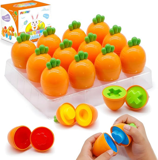 MOONTOY 12PCS Toddler Carrot Matching Eggs Easter Toys for 1 2 3 Year Old Party Favors Educational Shape Sorter Montessori Sensory Preschool Classroom Easter Gifts for Kids Easter Basket Stuffers